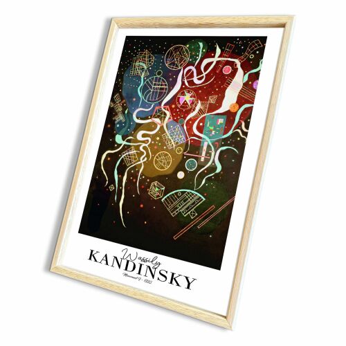 Wallity Dekorációs Keretes Festmény Sokszínű 4262AHSKANDINSKY-012, egy szögből nézve az absztrakt Kandinsky reprodukciót világos fa kerettel, bemutatva élénk színeit és bonyolult részleteit, ideális modern otthoni vagy irodai dekorációhoz - Falikép
