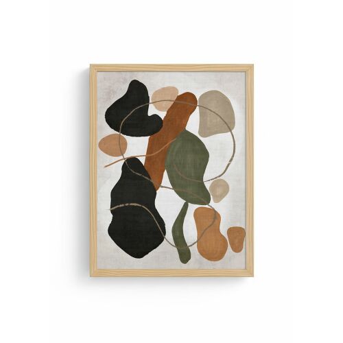 Wallity Dekoratív Keretezett MDF Festmény Multicolor Huhu715, absztrakt művészet organikus formákkal fekete, barna és zöld színekben, világos alapon, fa keretben, fehér háttér előtt - Falikép