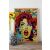 Wallity Dekoratív Keretes MDF Festmény Multicolor Popmosaıc20, élénk pop art női arc, vörös haj, kék szem, nyitott száj, világos fa keretben, napraforgókkal és vintage kamerával fa felületen