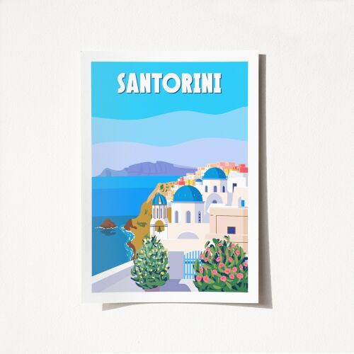 Wallity Santorini poszter 50x70 Többszínű, elvont ábrázolása a Santorini szigetnek fehér házakkal és kék kupolákkal a tenger mellett, keret nélkül - Falikép