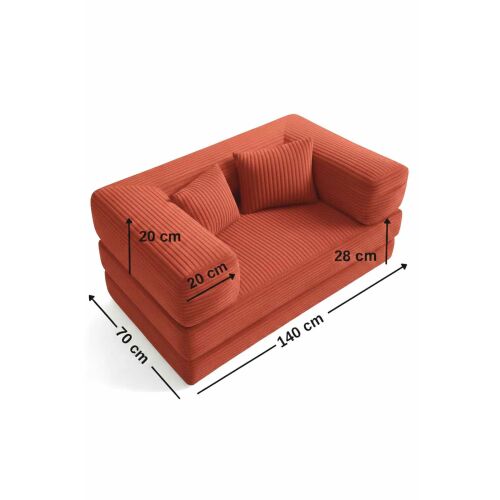 Atelier Del Sofa gyerek kanapéágy csempepiros színben tiszta méretekkel, feltüntetve a szélességet, mélységet és magasságot - Gyerek kanapé