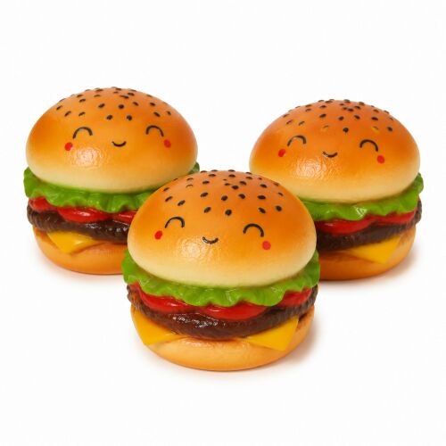 Három válogatott mosolygós arcú hamburger squishy játék fehér háttéren, lassan emelkedő stresszoldó szenzoros játék gyerekeknek és felnőtteknek - Irodaszer