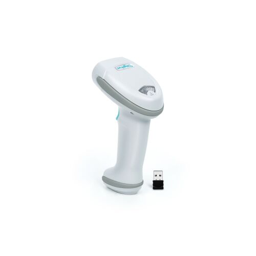 Digitus DA-81007 fehér vezeték nélküli vonalkódolvasó USB dongle-lel, álló, szögből nézve - Vonalkód olvasó