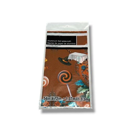 Asztalterítő 137x183cm Halloween témájú alumíniumfólia asztalterítő csomagolásban, boszorkánykalap, tök és nyalóka mintával 