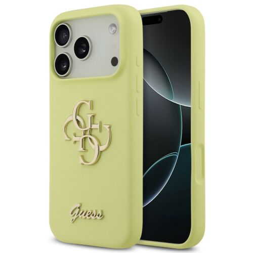 Guess Liquid Silicone 4G Metal Logo hátlap tok Apple iPhone 17 Pro Max-hoz, sárga, ferde nézet telefonnal együtt - Guess