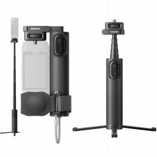 INSTA360 összecsukható 2 az 1-ben szelfibot kinyitva monopoddá és összecsukva tripoddá akciókamerával, fehér háttér - Selfie bot