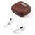 Epico 9911131700007 Tartó, barna műbőr tok AirPods Pro 2 fülhallgatóhoz két fehér fülhallgató mellett, felülnézet