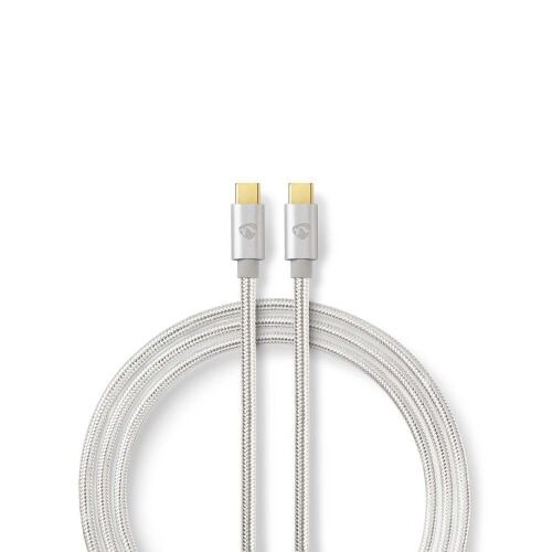 Nedis USB 3.2 Gen 2 USB-C USB-C kábel, 1 méter, alumínium csatlakozókkal és fonott ezüst kábellel fehér háttéren - USB kábel
