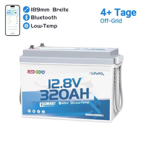 Redodo LiFePO4 12V 320Ah Mini Bluetooth akkumulátor 189 mm szélességgel, alacsony hőmérséklet elleni védelemmel és 4+ napos off-grid képességgel, applikációs monitor kijelzővel és oldalsó hordozókötelekkel, fehér háttéren. - TV és szórakozás