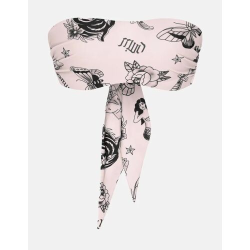 Esotiq Robert Kupisz X Esotiq Tattoo bandeau bikinifelső megkötős hátrésszel és fekete tetoválás ihlette mintával világos rózsaszín anyagon - Női fürdőruha