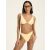 Modell visel Como Esotiq világos sárga bordázott bikini szettet napszemüveggel, elölről