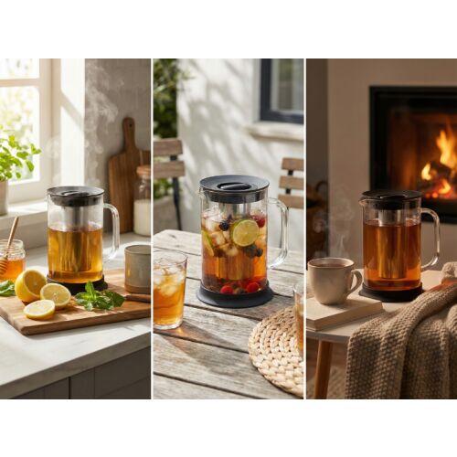 Kollázs LARGO 1,5L üvegkancsóról infúzorral, teát, gyümölcs infúziós vizet és jeges teát készítve különböző otthoni és kültéri környezetben - Teafőző