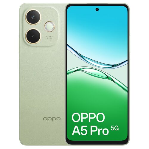 Oppo A5 Pro 5G okostelefon világoszöld színben, elölről és hátulról, kamera és kijelző részletekkel - Telefontok