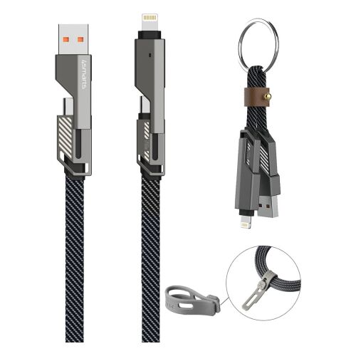 4SMARTS USB 2.0 több funkciós töltőkábel USB C, Lightning csatlakozókkal és kulcstartóval, szürke, 1.5m, kábel részletekkel és kulcstartóval, 4S541456 - Töltő, töltőkábel és egyéb kábel