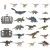 Jurassic World dinoszaurusz mini figurák és játékkert elemek gyűjteménye, beleértve T-Rexet, raptorokat, stegosauruszt és mosasaurust, emberi alakkal a méretarányhoz