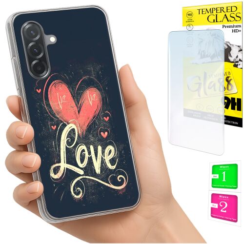 Kézben tartott Samsung Galaxy A36/A56 telefon 'Love' szív mintás tokkal és edzett üveg képernyővédő csomagolással, valamint tisztítókendőkkel a háttérben. - Telefontok