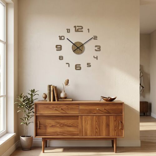 OakTime fa falióra stílusos fa konzolasztal felett egy meleg tónusú előszobában, elegáns belsőépítészeti megoldást mutatva - Falióra