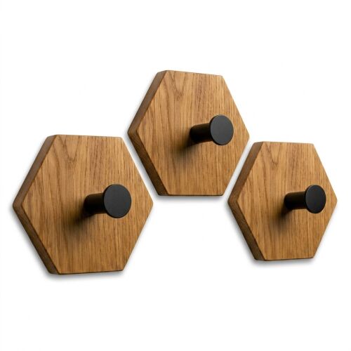 FLEXISTYLE Hexagon tölgyfa fali akasztó szett 3 darab, modern natúr fa ruhaakasztó, dekoratív előszoba rendszerező 