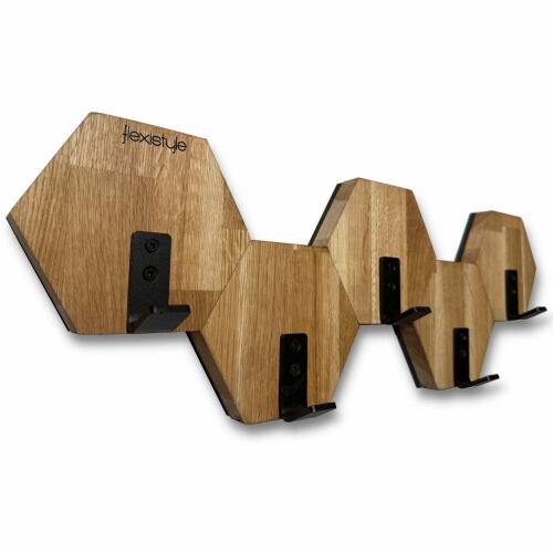 Oldalnézetből Flexistyle Hexagon 56cm tölgyfa fali ruhafogas öt fekete fém akasztóval és Flexistyle logóval, fehér háttér előtt - Fali akasztó