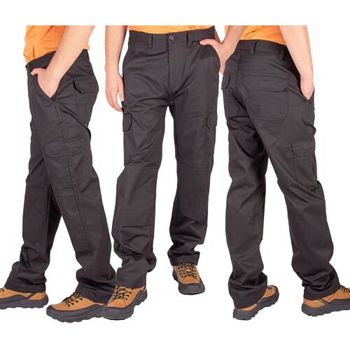 Munkanadrág Combat Pants, fekete rugalmas BHP slim munkanadrág, kollázs elöl, oldal és hátul nézetekkel, kiemelve a többzsebes kialakítást és kényelmet, 38/32 méret - Építkezés és felújítás