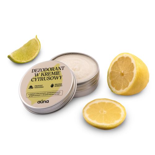 Auna természetes krém dezodor, citrus illattal, grapefruit és narancsolajjal, nyitott alumínium doboz friss citrusgyümölcs szeletek mellett - Dezodor