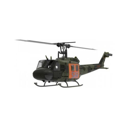 FliteZone Bell UH-1D RC helikopter katonai terepmintával és narancssárga kiemelésekkel, fehér háttéren, dőltszögből nézve - Autó és jármű