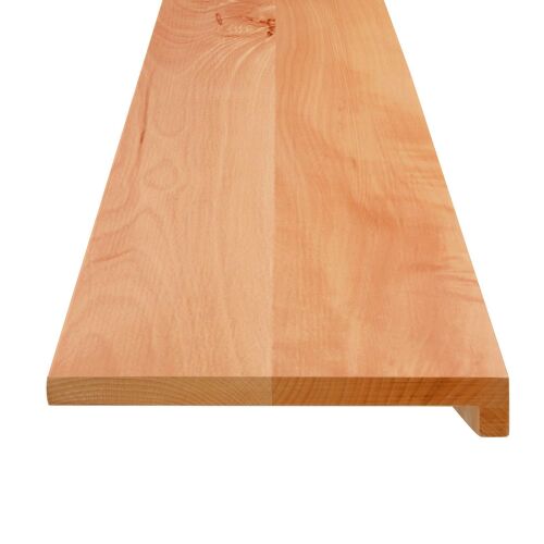 vidaXL lakkozott tömör bükkfa ablakpárkány, 120 x 30 x 2 cm, szögből nézve, természetes fa erezet és él részlet fehér alapon - Ablakpárkány