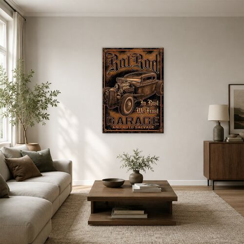 In Rust We Trust rat rod garázs fémtábla vászonkép vintage hot rod autóval, modern nappaliban faliképként kiállítva - Otthon és kert