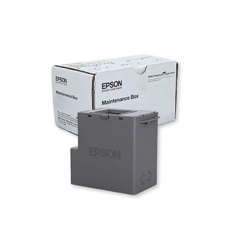 Epson C12C934461 karbantartó doboz EcoTank nyomtatókhoz, fehér csomagolódobozával együtt, fehér háttér előtt. A szürke hulladéktinta tartály jól láthatóan elöl helyezkedik el a doboza előtt. - Nyomtató és szkenner