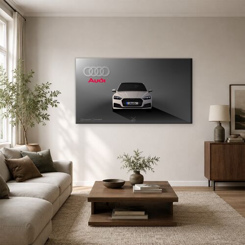 Audi szedán illusztráció vászonkép, amely egy fehér Audi A5-öt ábrázol szürke háttér előtt az Audi logóval, modern nappali környezetben kihelyezve - Dekoráció