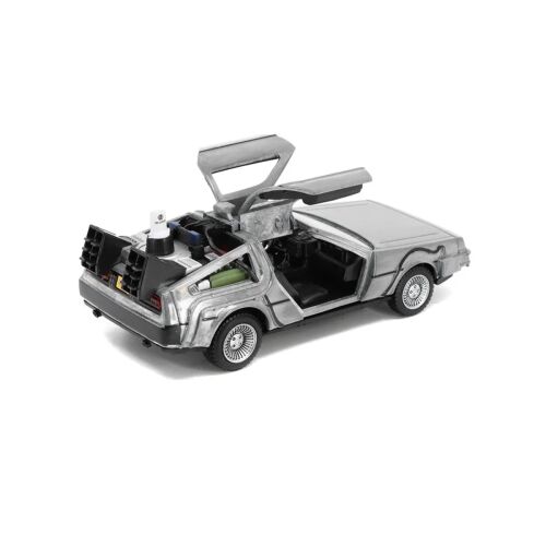 Részletes 1:32 méretarányú Jada Vissza a jövőbe Delorean Part II modellautó nyitott sirályszárnyas ajtókkal, részletes belső térrel és hátsó időutazási alkatrészekkel - Modell és makett