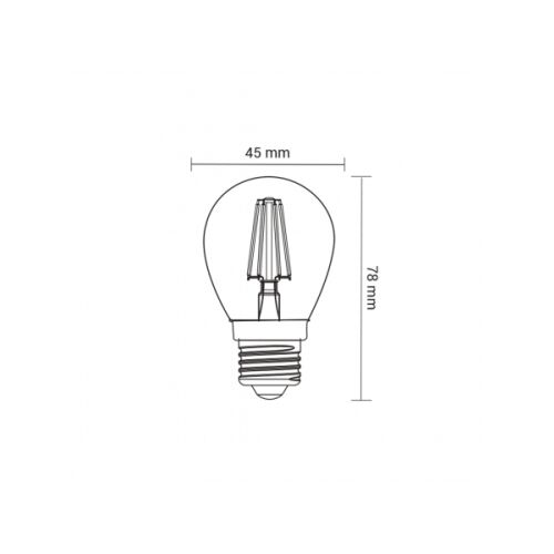 Az ORO-E27-G45-FL-CLARO-4W-WW LED izzó műszaki rajza E27 foglalattal, amely 45 mm szélességet és 78 mm magasságot mutat, fehér háttéren - Lámpa és világítás