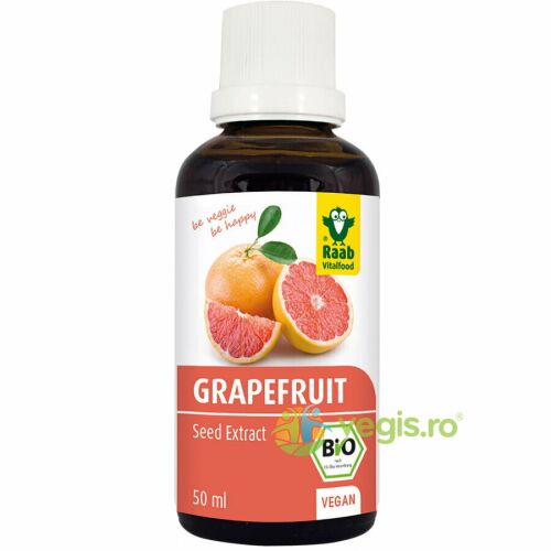 Raab Vitalfood Organikus Grapefruitmag Kivonat 50ml flakon grapefruit illusztrációval és BIO logóval, immuntámogatást és antioxidáns előnyöket hirdetve - Étrendkiegészítő