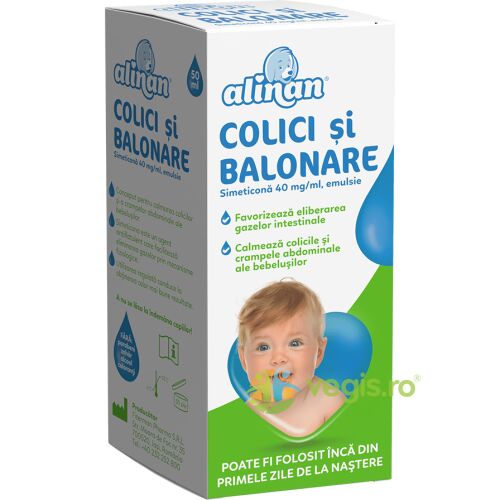 Alinan kólika és puffadás elleni emulzió 50ml doboz, elölnézet, csecsemő képpel, csecsemő emésztési megkönnyebbülésére - Gyógyászat