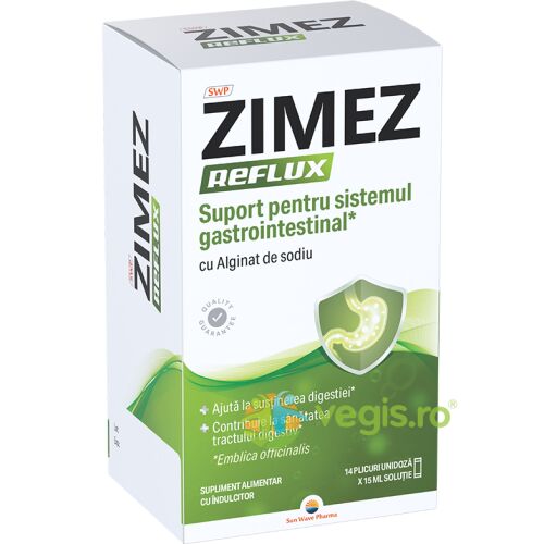 Zimez Reflux 14 tasak x 15 ml, gyomor-bélrendszeri támogató étrend-kiegészítő nátrium-algináttal az emésztés és az emésztőrendszer egészségéért, fehér dobozos csomagolás - Gyógyászat