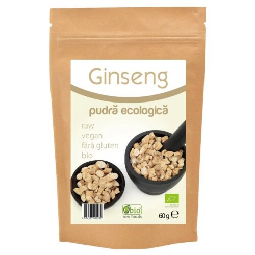 OBIO ökológiai Panax Ginseng por 60g, természetes étrend-kiegészítő az energia és a kognitív funkciók támogatására, környezetbarát csomagolásban. 