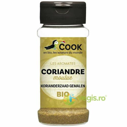 COOK Bio őrölt koriander, 30g, átlátszó fűszertartóban, fekete fedővel, COOK logóval és tukánnal, 'Coriandre moulue' és 'BIO' feliratokkal - Fűszer