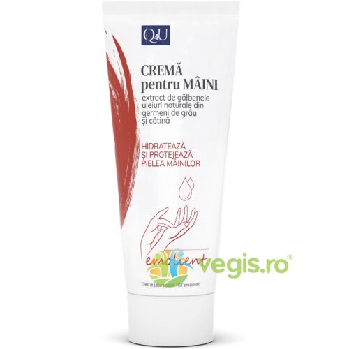 Krem de Maini Emolienta 100ml, TIS FARMACEUTIC kézkrém, fehér tubus piros ecsetvonás mintával és 'CREMA pentru MAINI' (kézkrém) felirattal, valamint 'HIDRATEAZA SI PROTEJEAZA PIELEA MAINILOR' (hidratálja és védi a kézbőrt) felirattal, természetes kivonatokkal és vitaminokkal a kézápolásért - Kézápolás és lábápolás