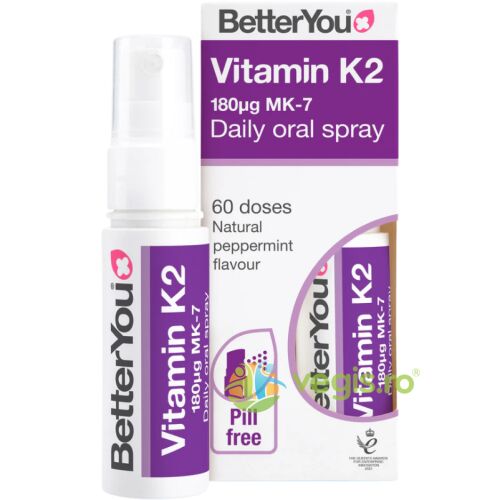 BetterYou K2 vitamin 180mcg MK-7 napi szájspray 25ml borsmenta ízzel, csomagolása mellett ábrázolva - Vitamin