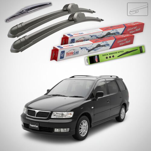TeamCar lapos első és hátsó ablaktörlő lapát készlet Mitsubishi Space Wagon III-hoz, csomagolással és autómodell képpel, 1998-2004 - Autóalkatrész