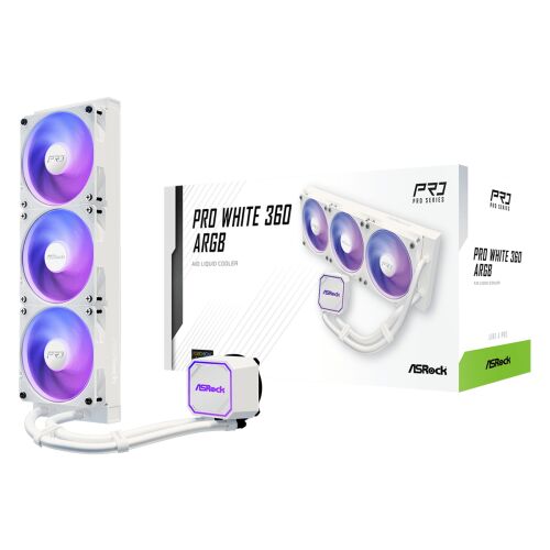 Asrock Pro White 360 ARGB 12 cm-es folyadékhűtő rendszer három ventilátorral és csomagolással, döntött nézet - PC hűtőrendszer kiegészítő