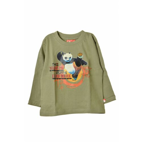 Kung Fu Panda fiú hosszú ujjú olíva zöld póló Po mintával, elölnézet 
