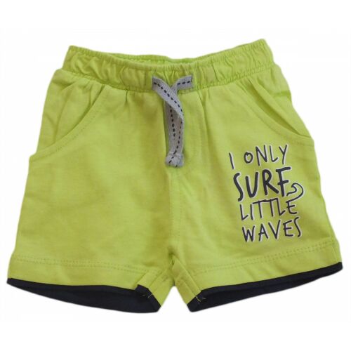 Knot So Bad banánzöld pamut kisfiú rövidnadrág 'I ONLY SURF LITTLE WAVES' felirattal és szürke húzózsinórral - Gyerek rövidnadrág