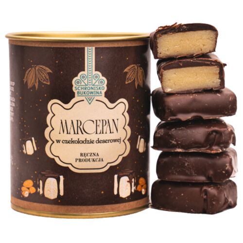 Marcipán étcsokoládéban 100g Schronisko Bukowina, prémium kézműves marcipán 50% mandulával, Callebaut étcsokoládéval bevonva, vintage stílusú csomagolás mellett - Csokoládé