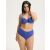 Plus-size modell Esotiq BASE kék párnázott bikinifelsőt és magas derekú bikinialsót visel, teljes test elölnézet