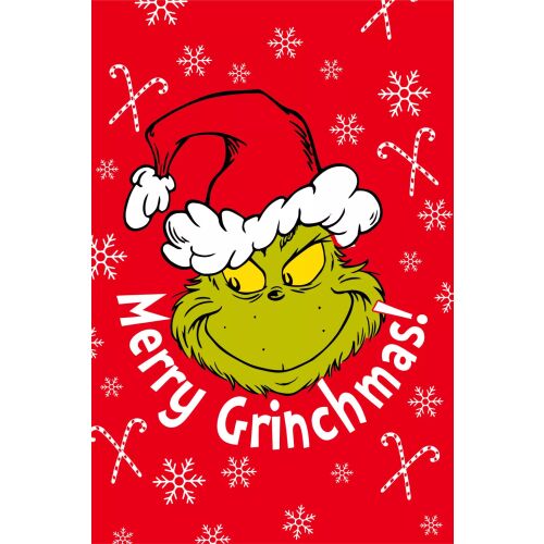 A Grincs Merry Grinchmas mikroflanel takaró Grincs arccal, hópelyhekkel és cukorkákkal piros alapon - Otthon és kert
