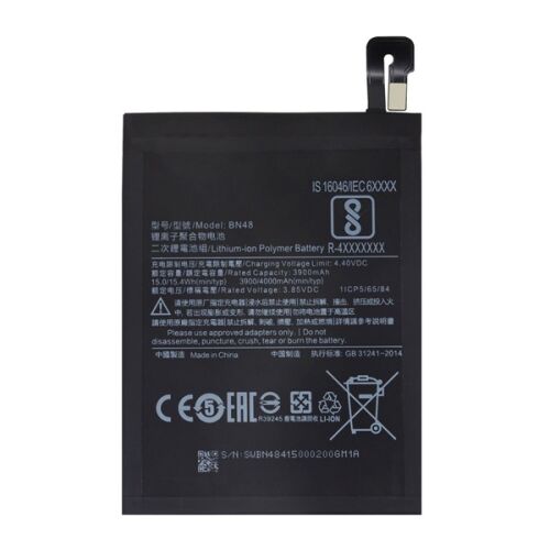 Redmi Note 6 Pro GIGAPACK 4000mAh Li-Polymer BN48 kompatibilis cseretelefon akkumulátor fehér háttéren, műszaki specifikációkkal és biztonsági jelölésekkel - Mobiltelefon akkumulátor