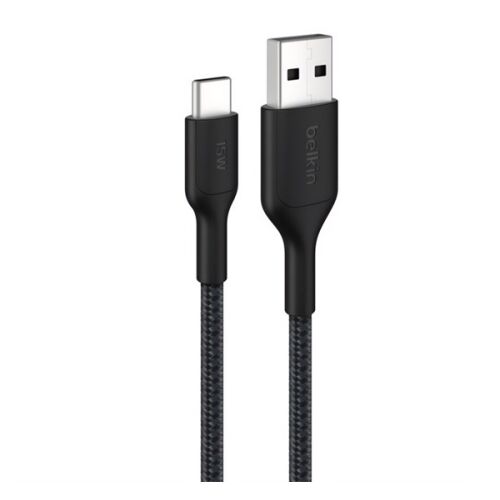 Belkin BoostCharge fekete 200 cm-es USB Type-C adat- és töltőkábel fonott zsinórral és ezüst csatlakozókkal, fehér háttérrel - Kábel