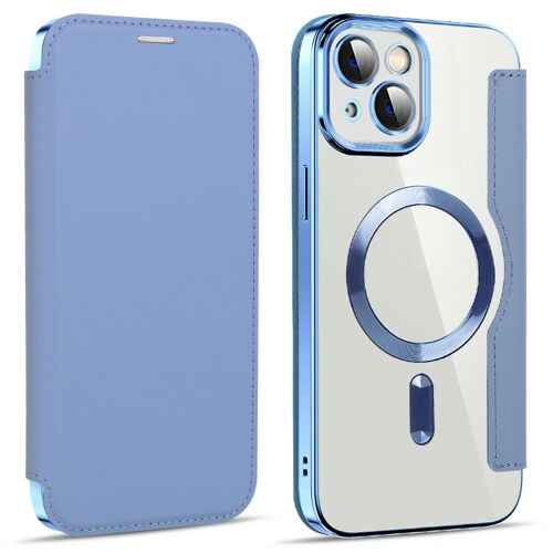 iPhone 16 Pro Max MagChrome átlátszó világoskék telefontok előlapi flip borítással és RFID védelemmel, döntött nézet fehér háttérrel - Telefontok