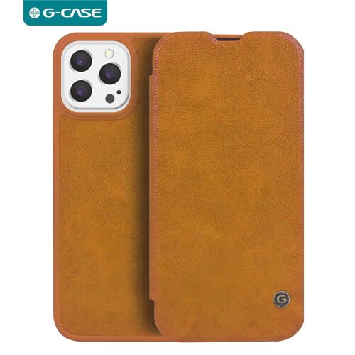 G-Case QIN FlipBook Alcantara világosbarna tok iPhone 15-höz, előlappal és kameralyukkal - Telefontok